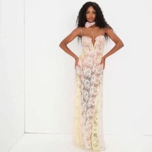 For Love & Lemons Sheer Lace Maxi Dress in Pink and Yellow